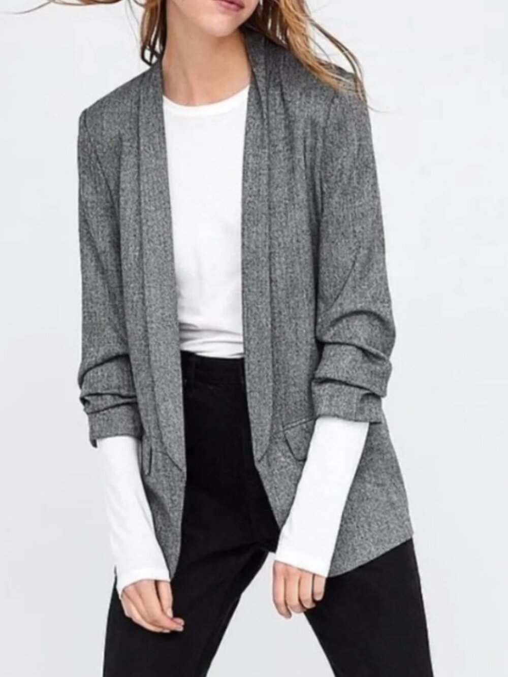 *NWT* Zara Herringbone Ruched Sleeve Open Front Blazer, Size S